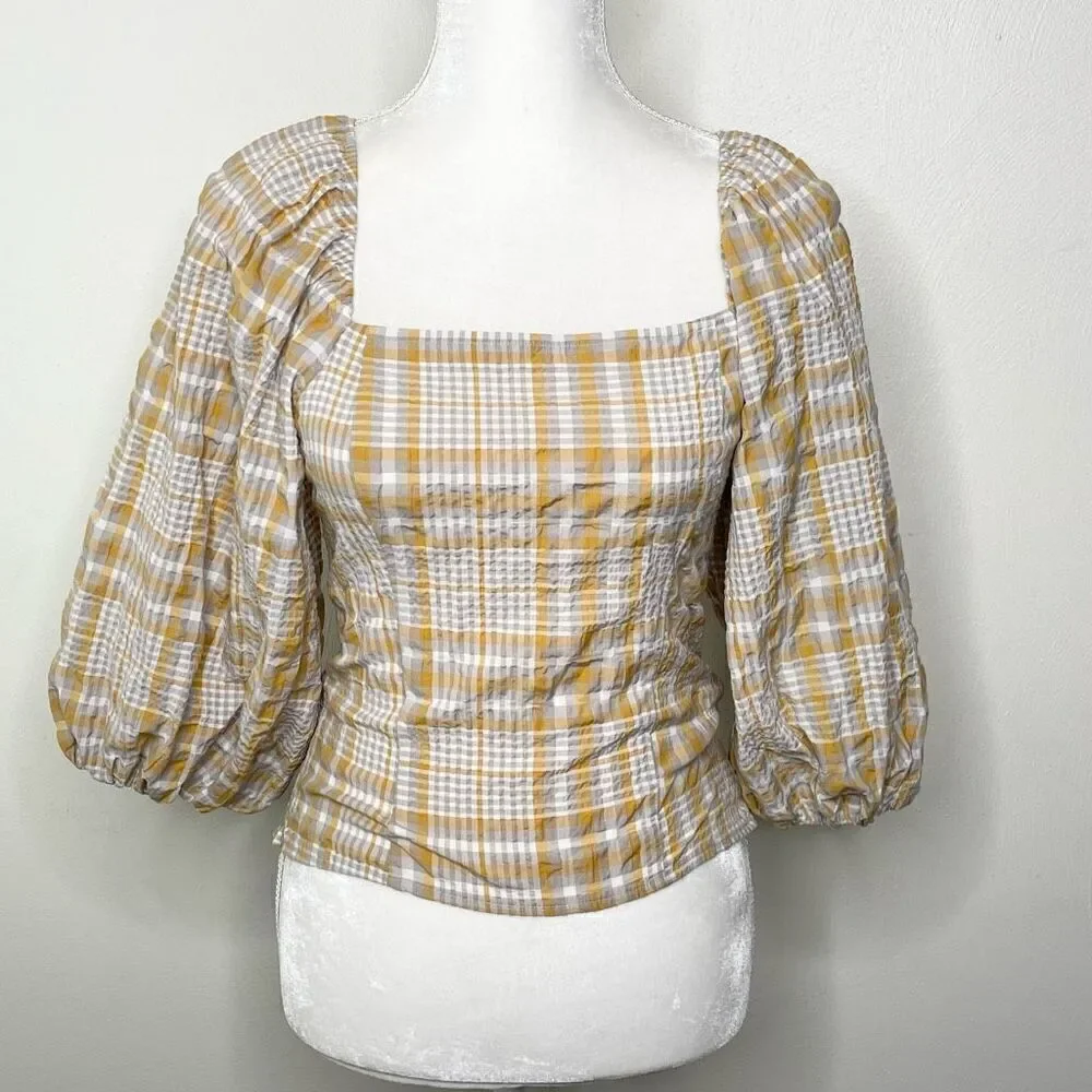 Anthropologie Yellow and White Plaid Puff-Sleeve Square Neck Top